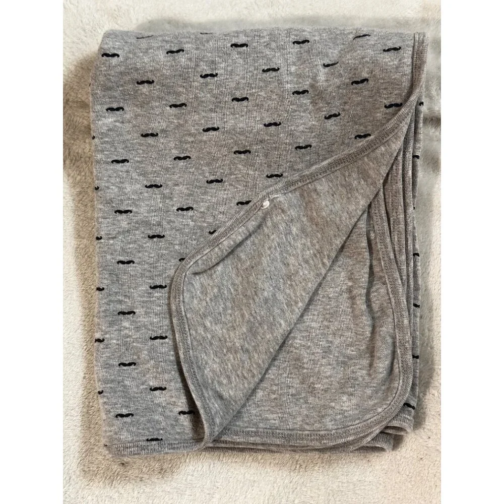 Carter’s Gray Grey Baby Security Blanket Cotton Knit Lovey Mustache Print No Tag